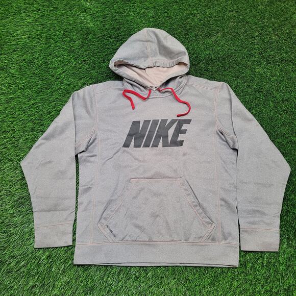 Nike Therma-FIT Hoodie Mens Large (Tagged S) Grey Spell Out Sweatshirt Y2K Style - Picture 1 of 8